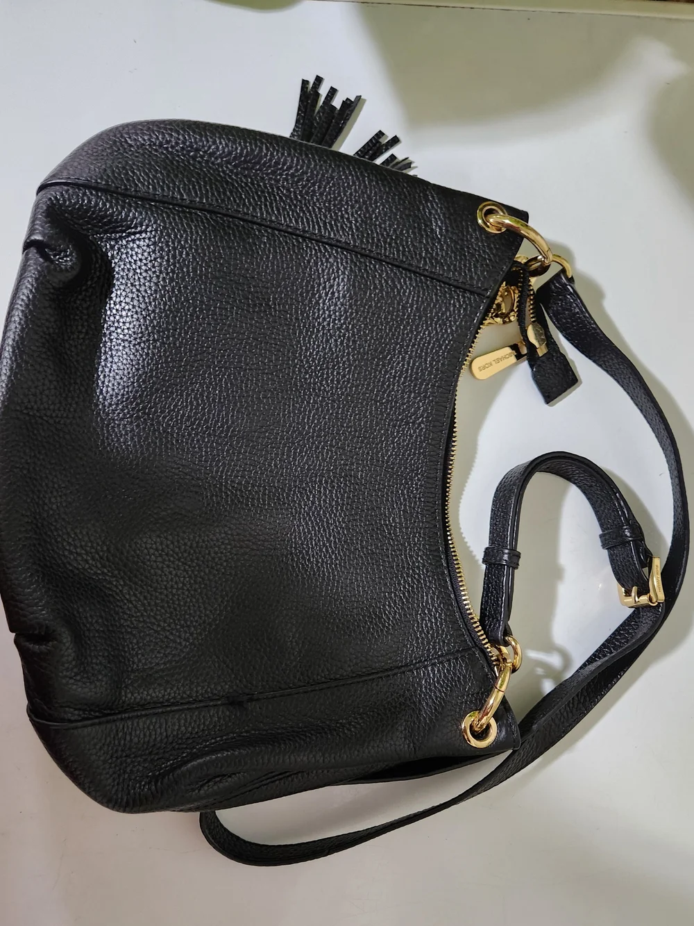 Michael Kors Black Leather Tassel Shoulder Bag with Gold Hardware